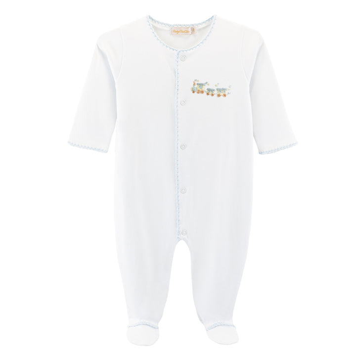 Little Train Embroidered Footie with Crochet Trim