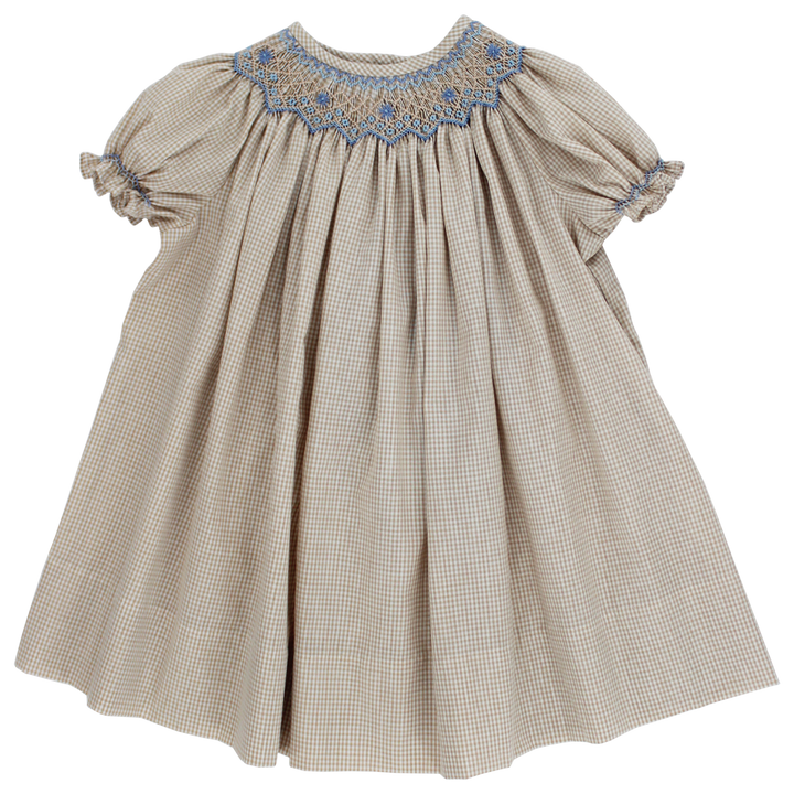 Khaki Check with Blue Floral, Bishop Dress