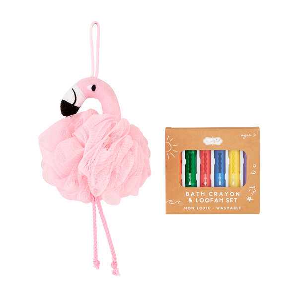 Flamingo Loofah With Bath Crayons