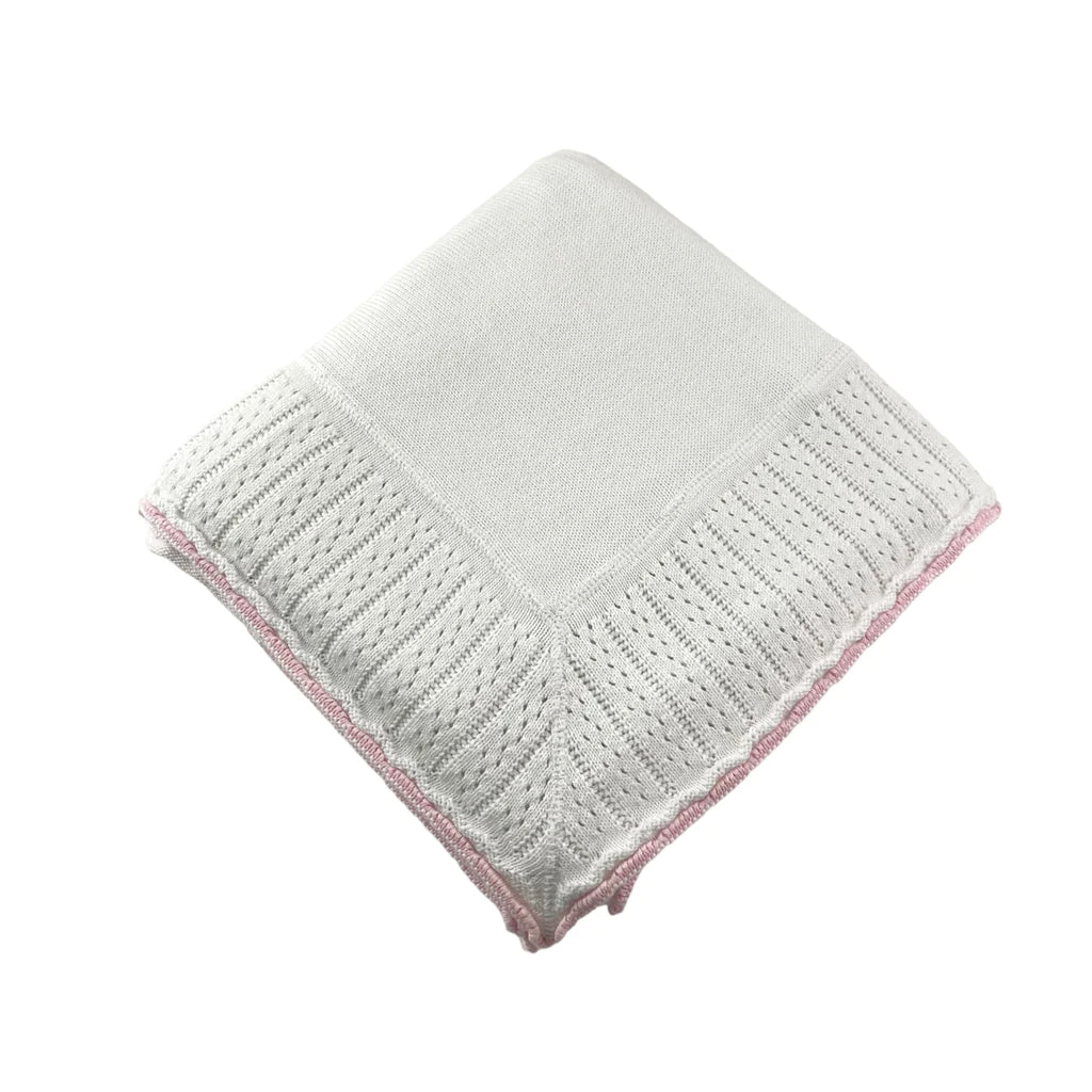 Cotton Jersey Baby Blanket with Knitted Color-Tipped Pointelle Border