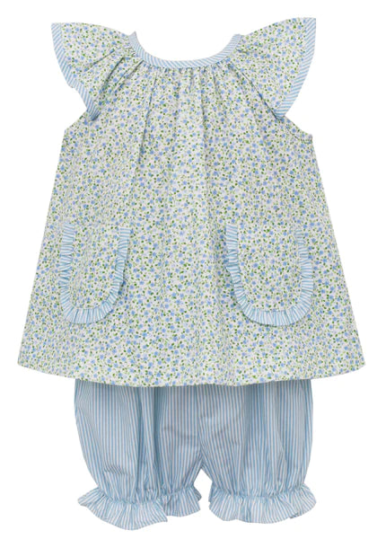 Blue Floral Bloomer Set with Blue Stripe Bloomers
