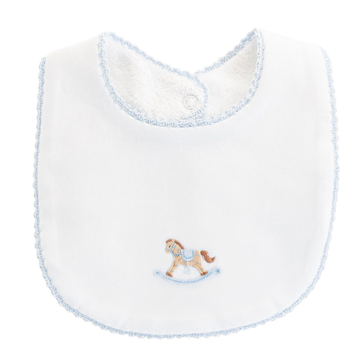 Cute Rocking Horse Embroidered Bib with Crochet Trim