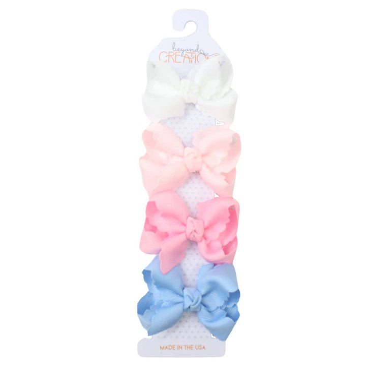 4 PACK - 3" SMALL SCALLOPED EDGE BOW ON SNAP CLIP: Pastel Pack