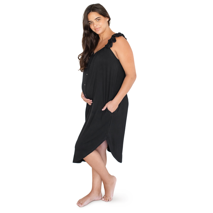 Ruffle Strap Labor & Delivery Gown-Black