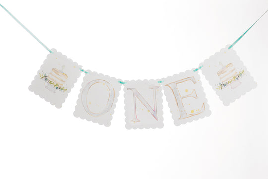 "ONE" Highchair Banner with Cake End Pieces in Blue