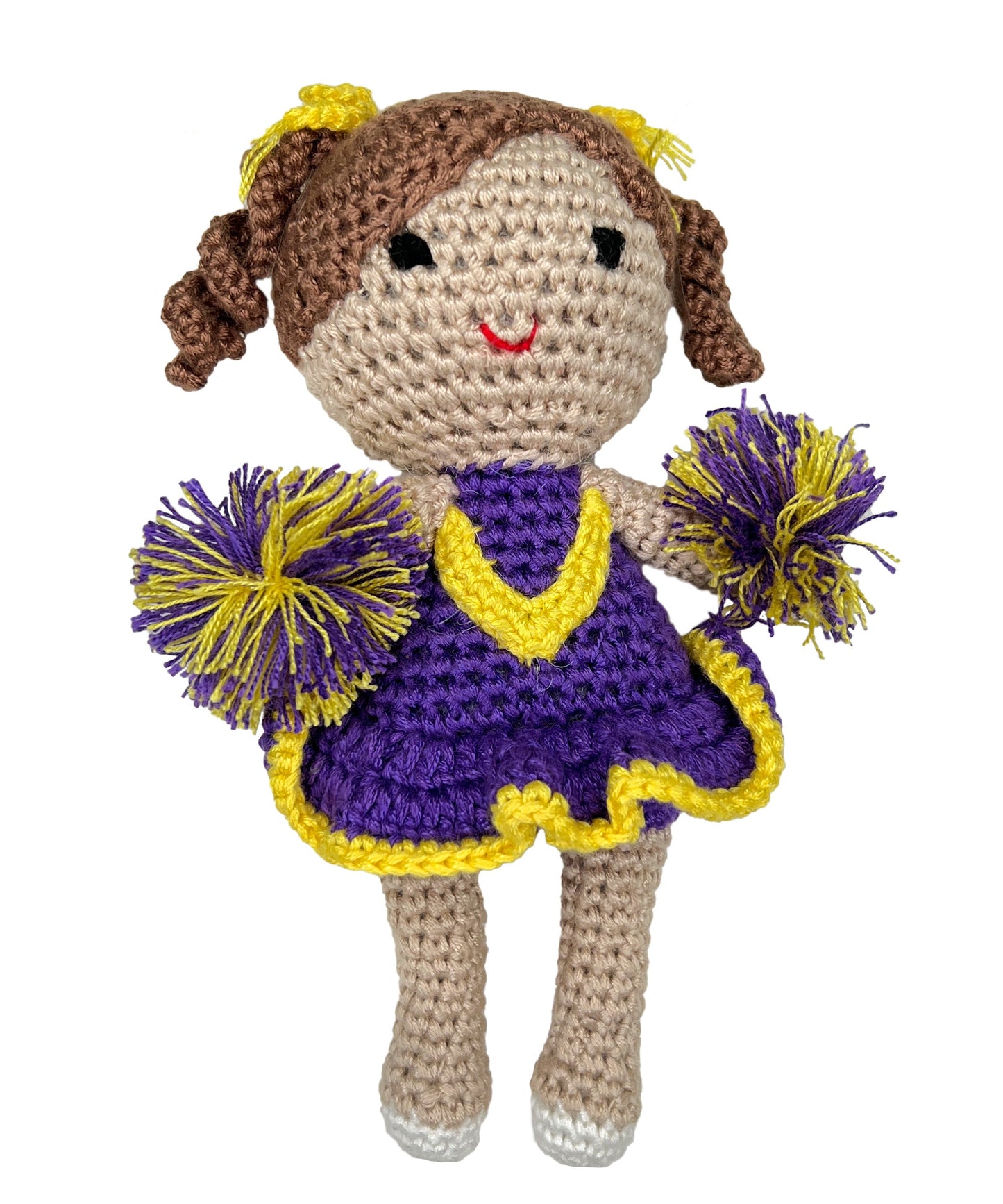 Cheerleader Bamboo Crochet Rattle - Purple & Gold 5"