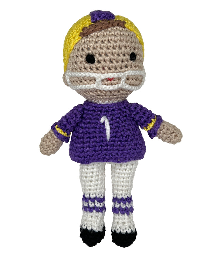 Football Player Bamboo Crochet Rattle - Purple & Gold