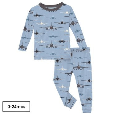 Print Long Sleeve Pajama Set in Pond Airplanes