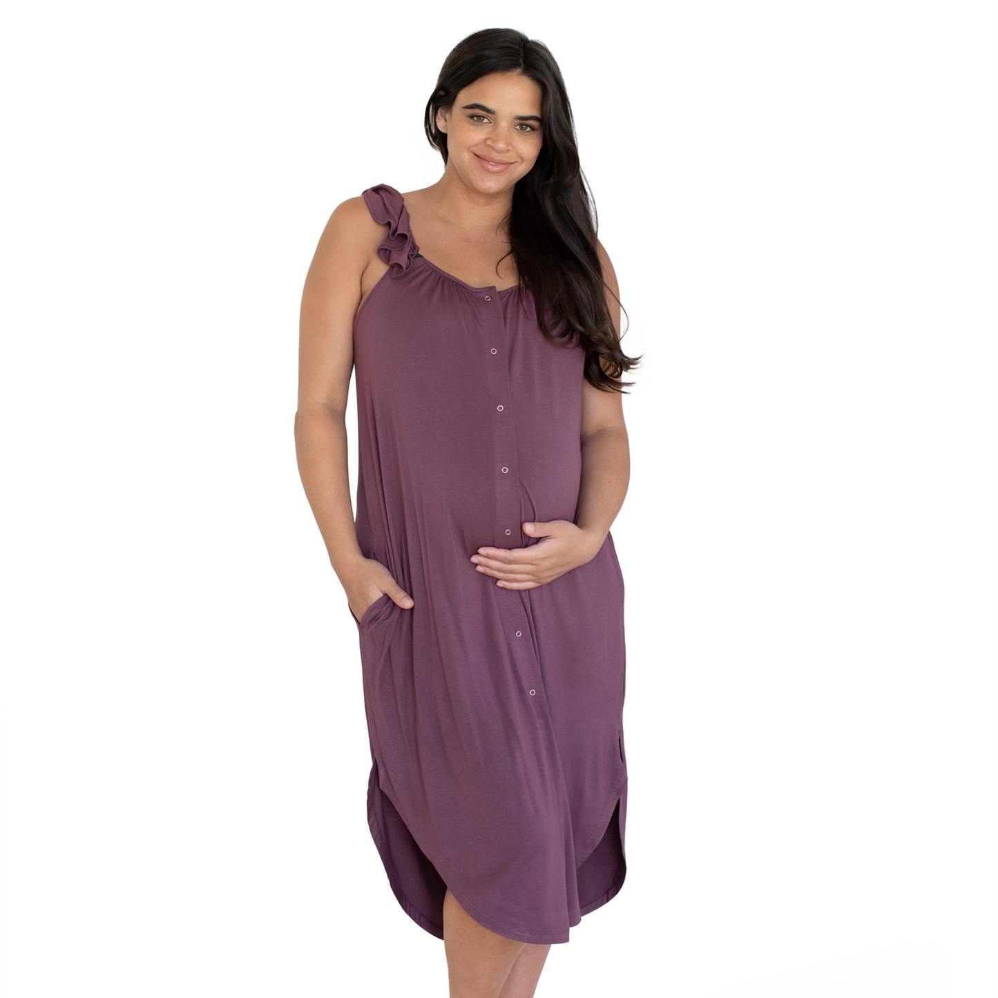Ruffle Strap Labor & Delivery Gown- Burgundy Plum