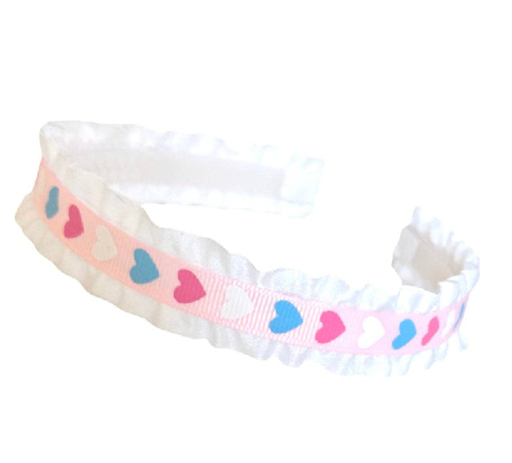 Pink & Blue Hearts Double Ruffle Ribbon Headband