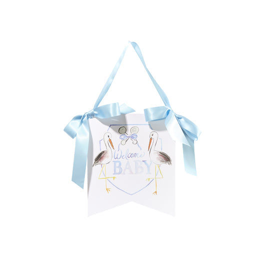 "Welcome Baby" Stork Hanger in Blue